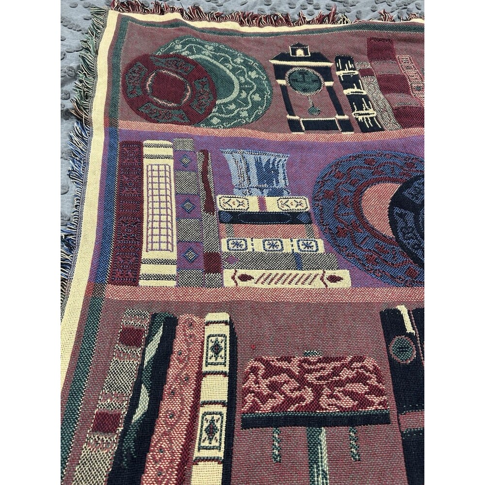 VTG Goodwin Weavers Cotton Tapestry Fringe Blanket Library Book Shelf 68”x49” - Picture 10 of 11